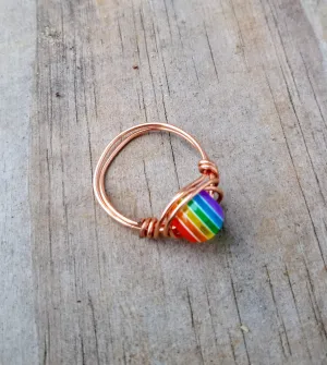 Rainbow Round Bead Wire Wrapped Rings