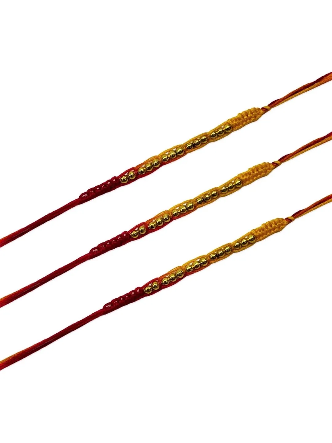 (Rakhi Set of 3) Simple Golden Beaded Rakhi Criss Cross Mauli Thread Rakhi For Raksha Bandhan
