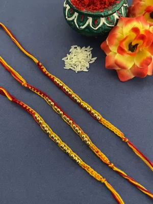 (Rakhi Set of 3) Simple Golden Beaded Rakhi Criss Cross Mauli Thread Rakhi For Raksha Bandhan