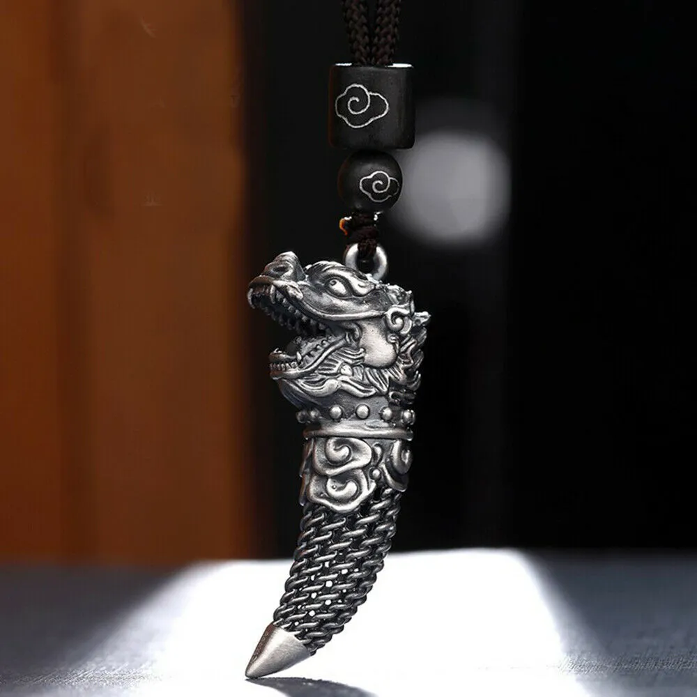 Real 999 Sterling Silver Pendants Wolf Dragon Tooth Ivory Braided Amulet Men Women Fashion Jewelry
