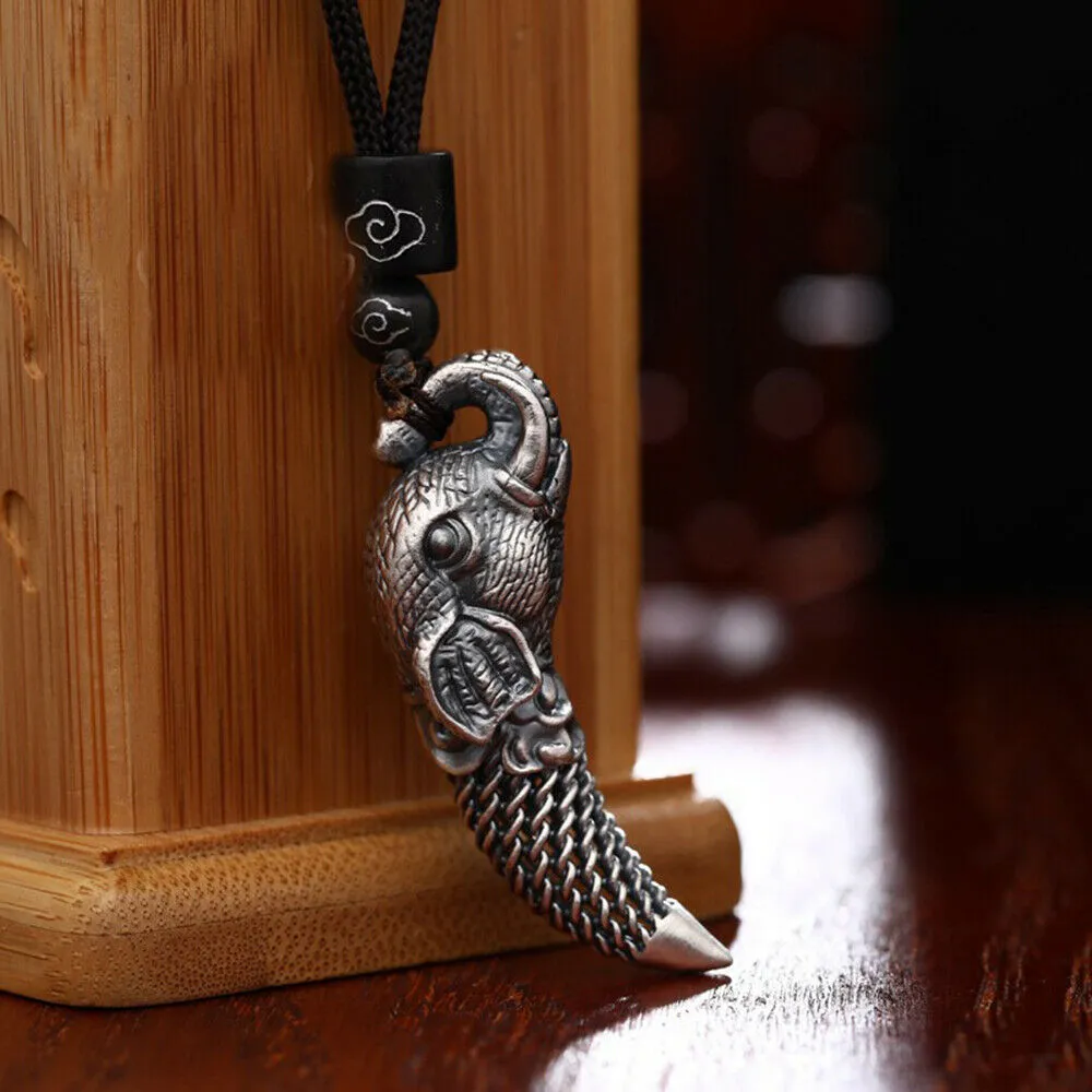 Real 999 Sterling Silver Pendants Wolf Dragon Tooth Ivory Braided Amulet Men Women Fashion Jewelry