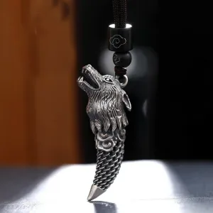 Real 999 Sterling Silver Pendants Wolf Dragon Tooth Ivory Braided Amulet Men Women Fashion Jewelry