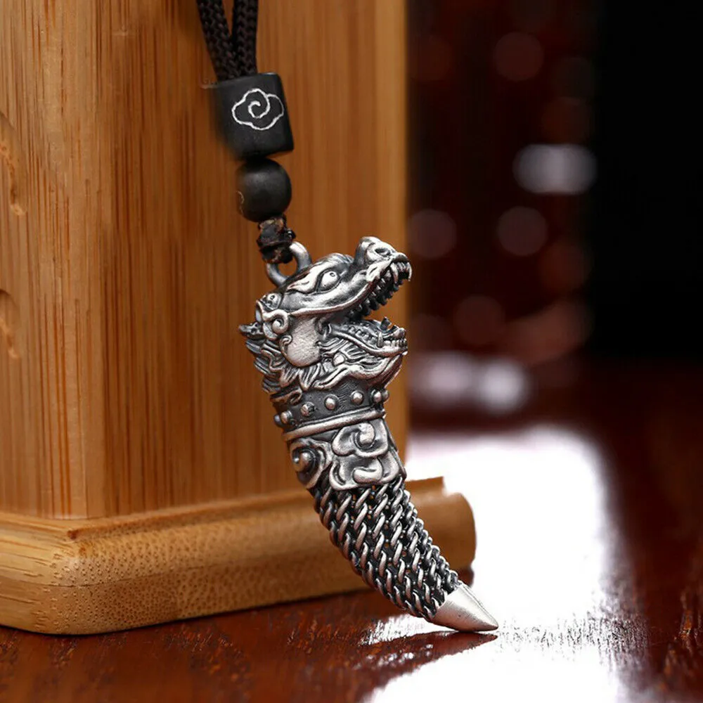Real 999 Sterling Silver Pendants Wolf Dragon Tooth Ivory Braided Amulet Men Women Fashion Jewelry