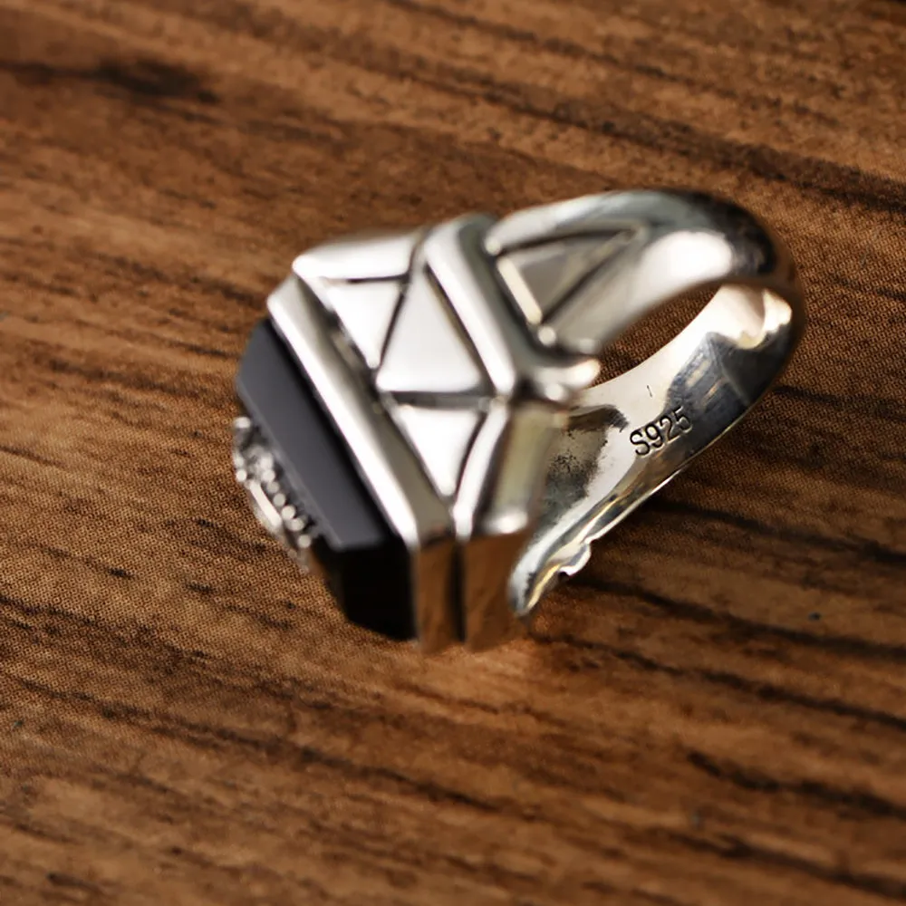 Real Solid 925 Sterling Silver Black Agate Rings Rectangle Fashion Punk Jewelry Size 7-11