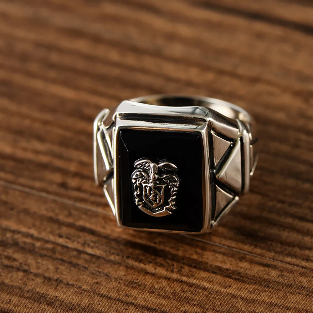 Real Solid 925 Sterling Silver Black Agate Rings Rectangle Fashion Punk Jewelry Size 7-11