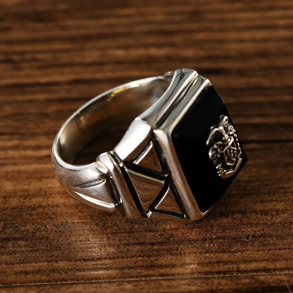 Real Solid 925 Sterling Silver Black Agate Rings Rectangle Fashion Punk Jewelry Size 7-11