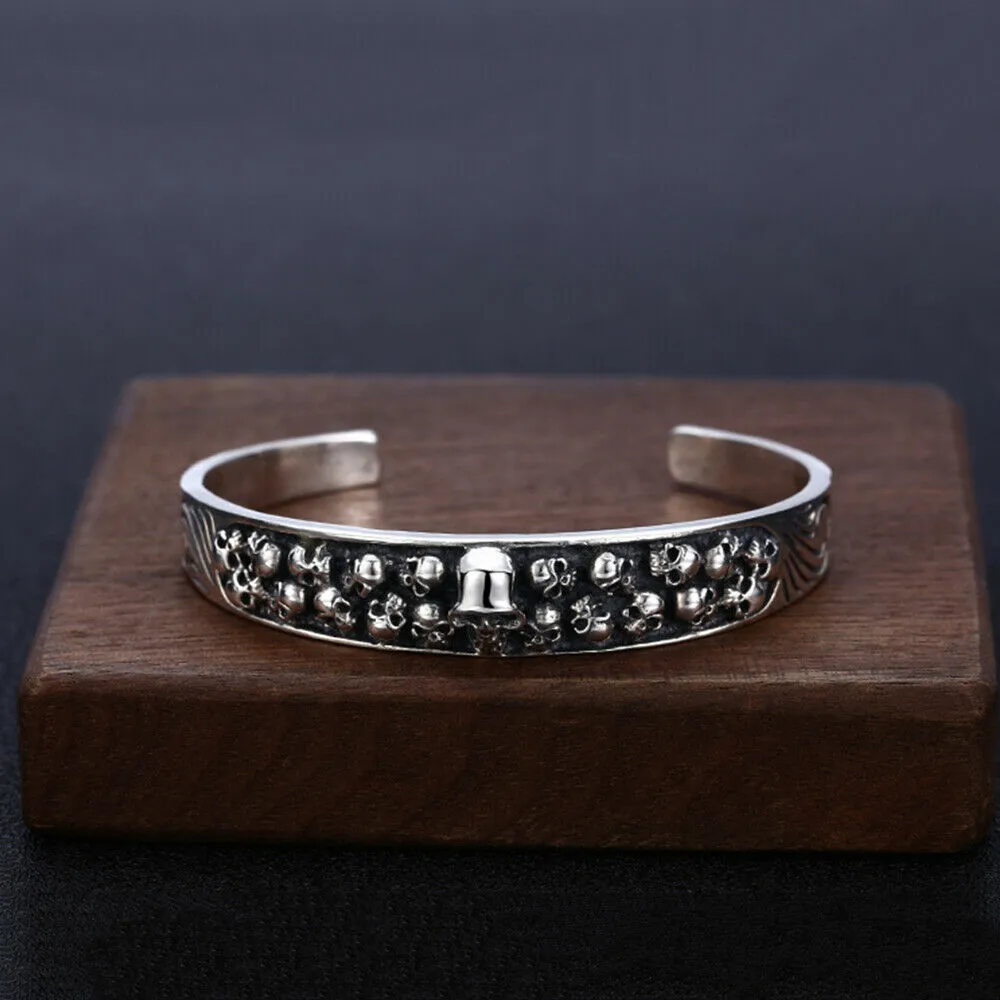 Real Solid 925 Sterling Silver Cuff Bracelet Bangle Skeletons Skulls Gothic Punk Jewelry