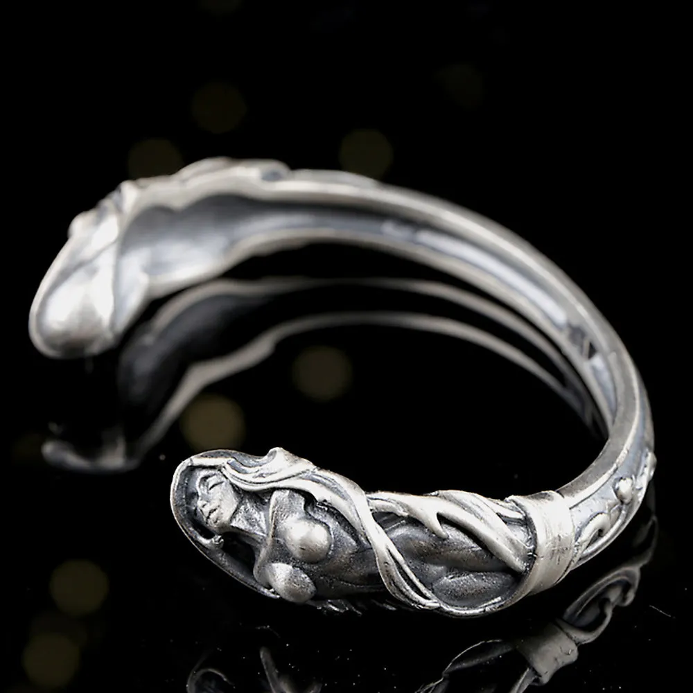 Real Solid 925 Sterling Silver Cuff Bracelet Goddess Art Gothic Punk Jewelry Open Bangle