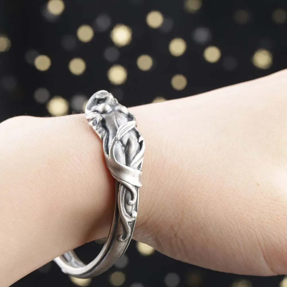 Real Solid 925 Sterling Silver Cuff Bracelet Goddess Art Gothic Punk Jewelry Open Bangle