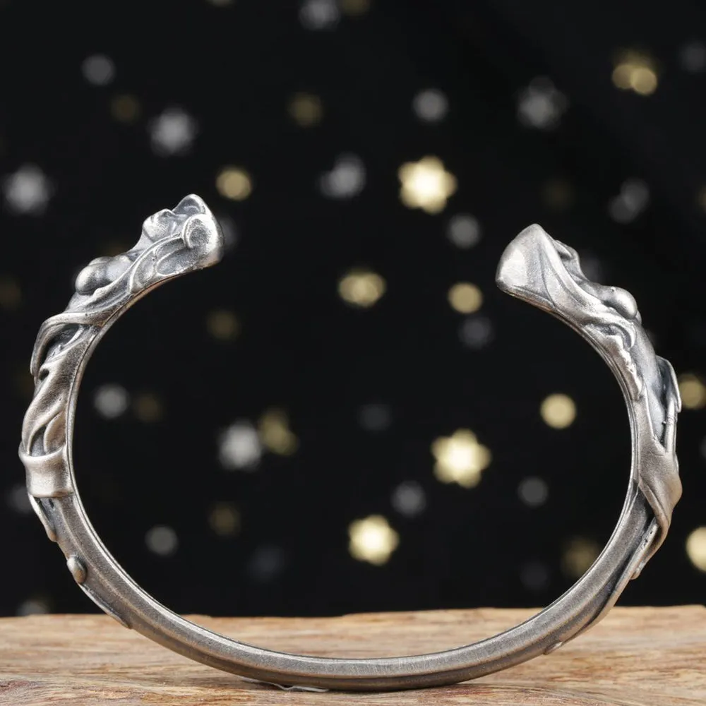 Real Solid 925 Sterling Silver Cuff Bracelet Goddess Art Gothic Punk Jewelry Open Bangle