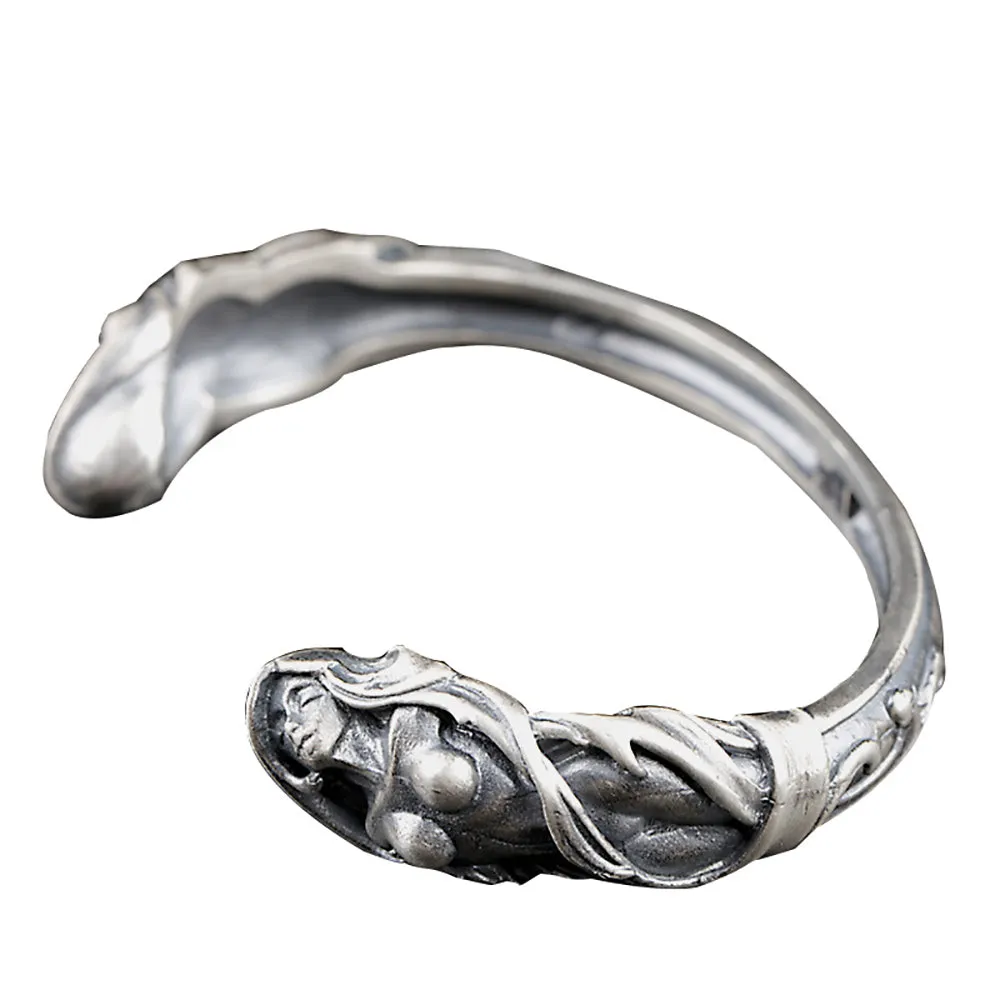 Real Solid 925 Sterling Silver Cuff Bracelet Goddess Art Gothic Punk Jewelry Open Bangle