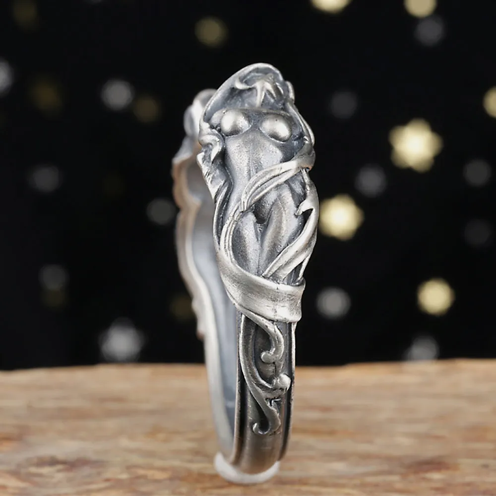 Real Solid 925 Sterling Silver Cuff Bracelet Goddess Art Gothic Punk Jewelry Open Bangle