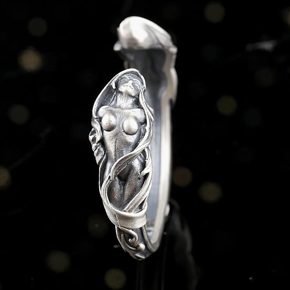 Real Solid 925 Sterling Silver Cuff Bracelet Goddess Art Gothic Punk Jewelry Open Bangle