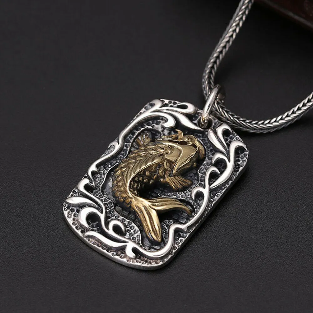 Real Solid 925 Sterling Silver Pendants Brass Carp Aquatic Plants Animal Fashion Jewelry