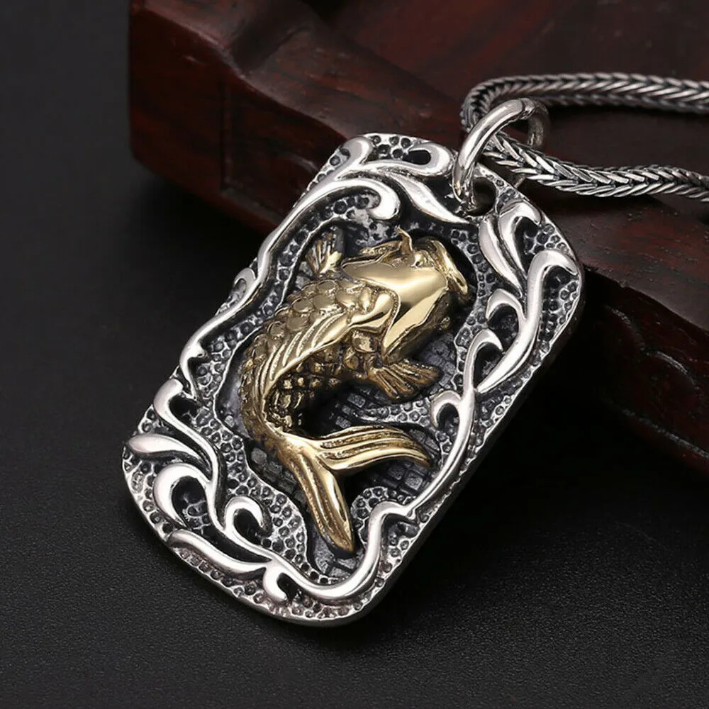 Real Solid 925 Sterling Silver Pendants Brass Carp Aquatic Plants Animal Fashion Jewelry