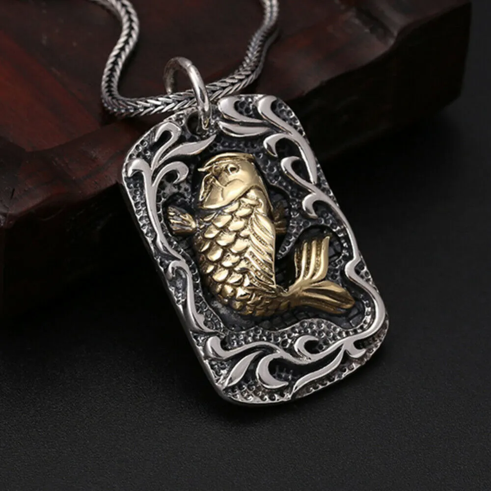 Real Solid 925 Sterling Silver Pendants Brass Carp Aquatic Plants Animal Fashion Jewelry