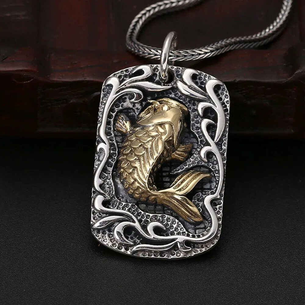 Real Solid 925 Sterling Silver Pendants Brass Carp Aquatic Plants Animal Fashion Jewelry