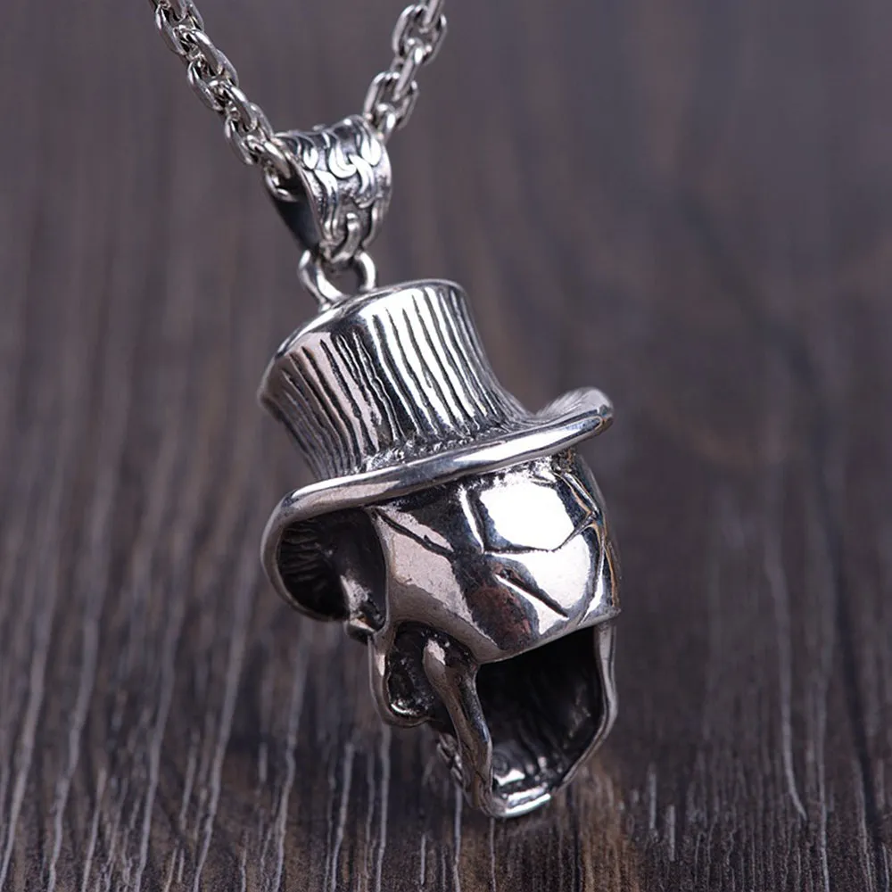 Real Solid 925 Sterling Silver Pendants Cowboy Hat Skull Men HipHop Jewelry