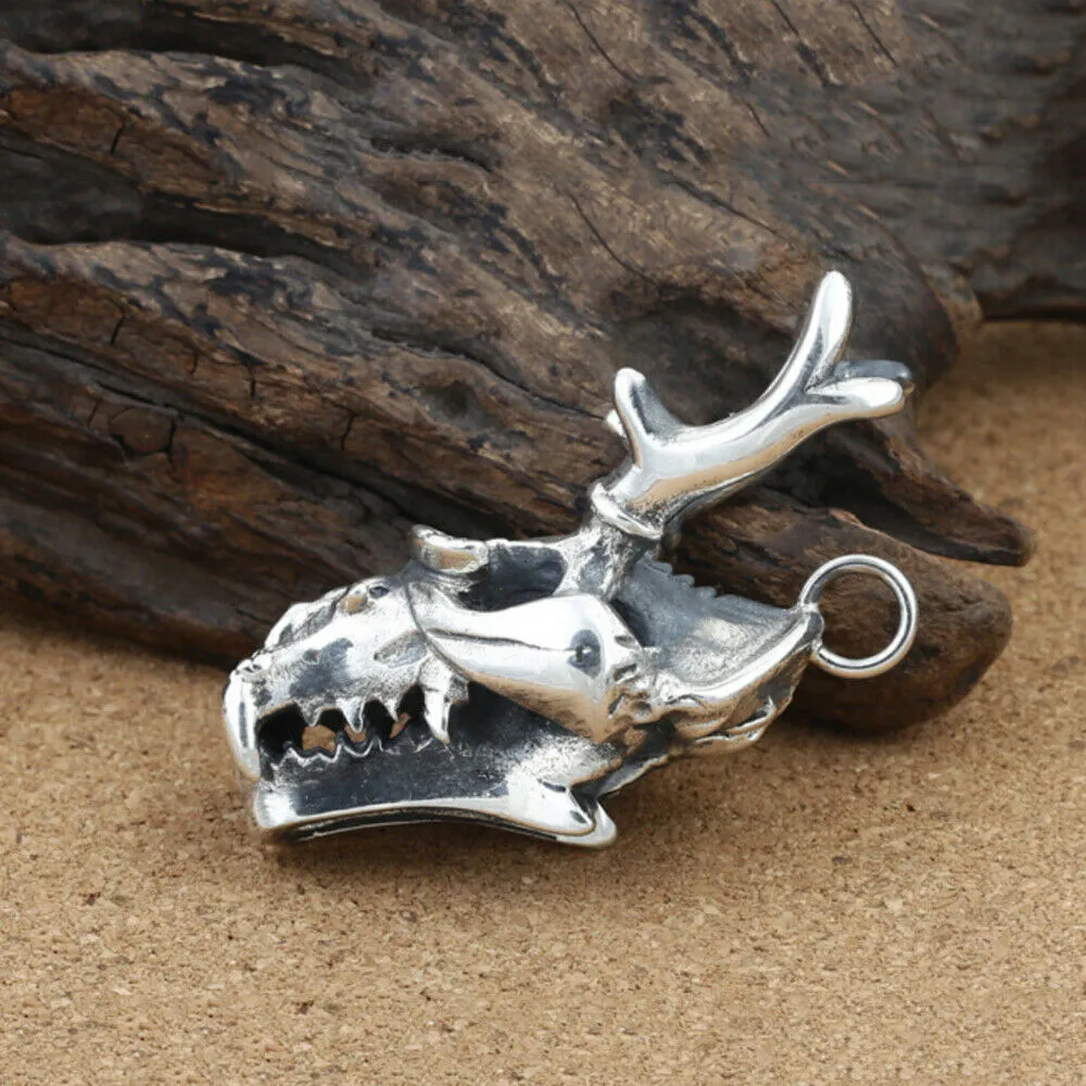 Real Solid 925 Sterling Silver Pendants Dragon Head Animal Horn Men Fashion Jewelry