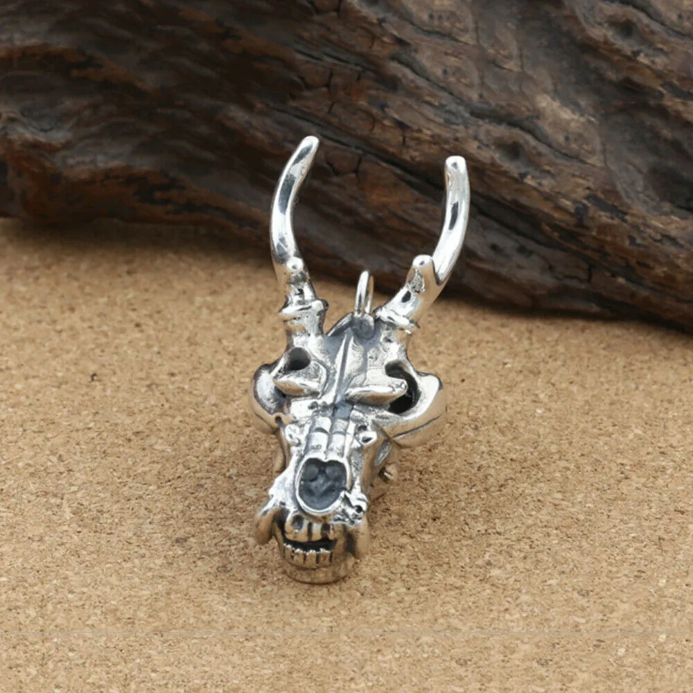 Real Solid 925 Sterling Silver Pendants Dragon Head Animal Horn Men Fashion Jewelry