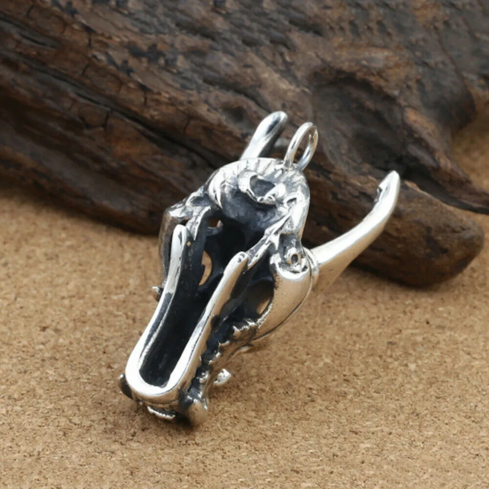 Real Solid 925 Sterling Silver Pendants Dragon Head Animal Horn Men Fashion Jewelry