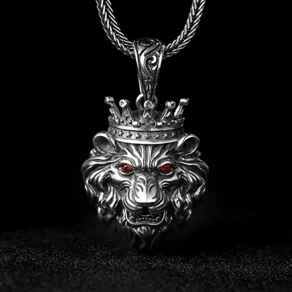 Real Solid 925 Sterling Silver Pendants Lion King Animal Crown Men Fashion Jewelry