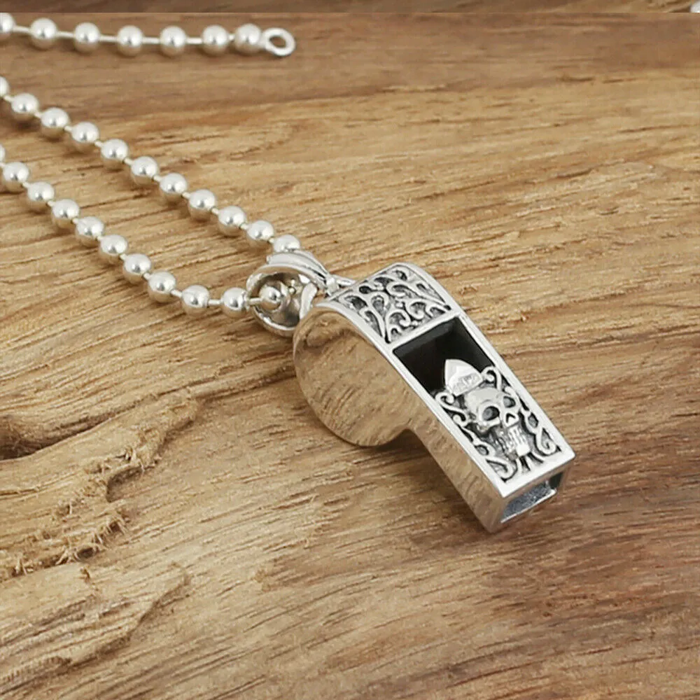 Real Solid 925 Sterling Silver Pendants Skull Whistle Men Women Fashion Jewelry