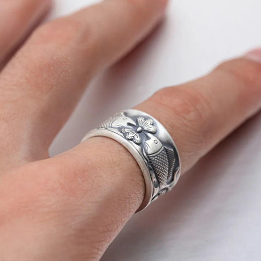 Real Solid 925 Sterling Silver Rings Animals Fish Lotus Wave Lection Fashion Jewelry Adjustable