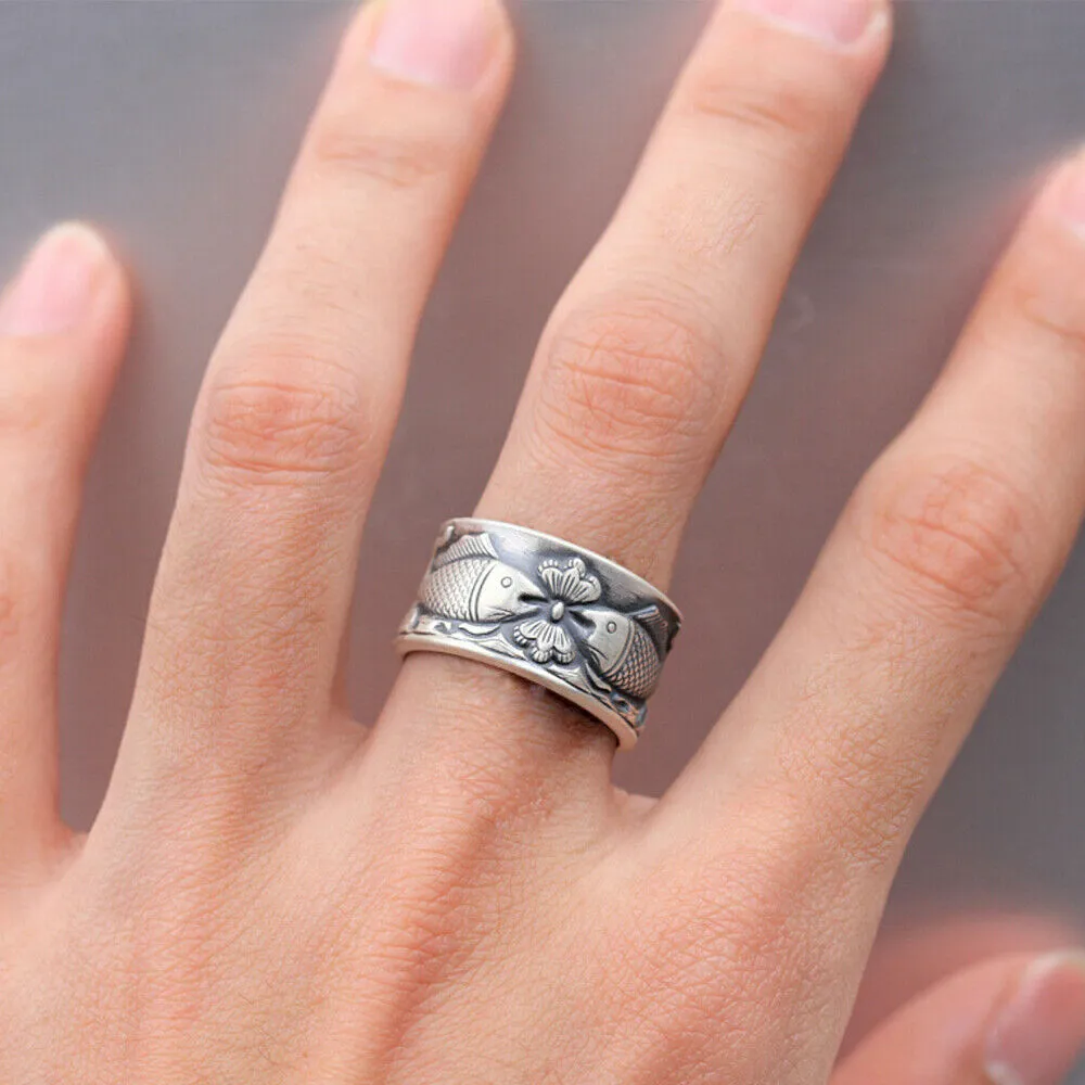 Real Solid 925 Sterling Silver Rings Animals Fish Lotus Wave Lection Fashion Jewelry Adjustable