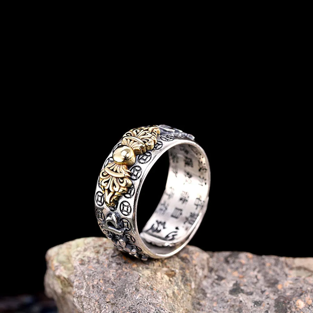 Real Solid 925 Sterling Silver Rings Auspicious Animas Om Mani Padme Hum Religions Fashion Punk Jewelry Open Size Adjustable