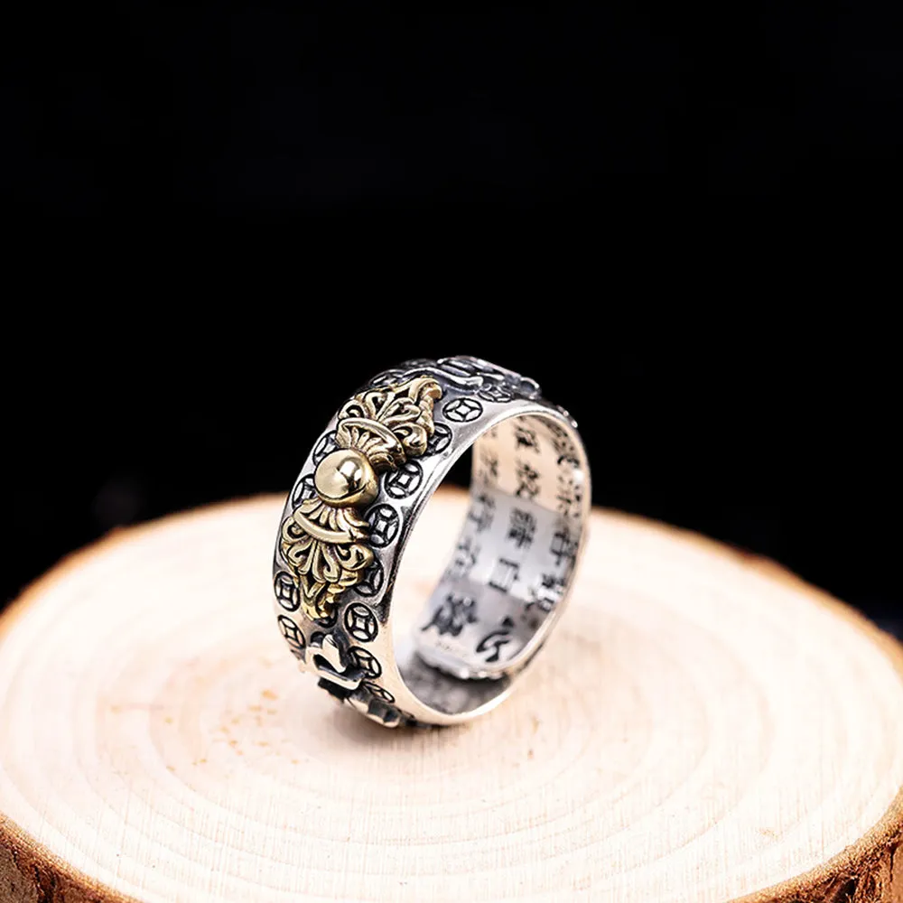 Real Solid 925 Sterling Silver Rings Auspicious Animas Om Mani Padme Hum Religions Fashion Punk Jewelry Open Size Adjustable
