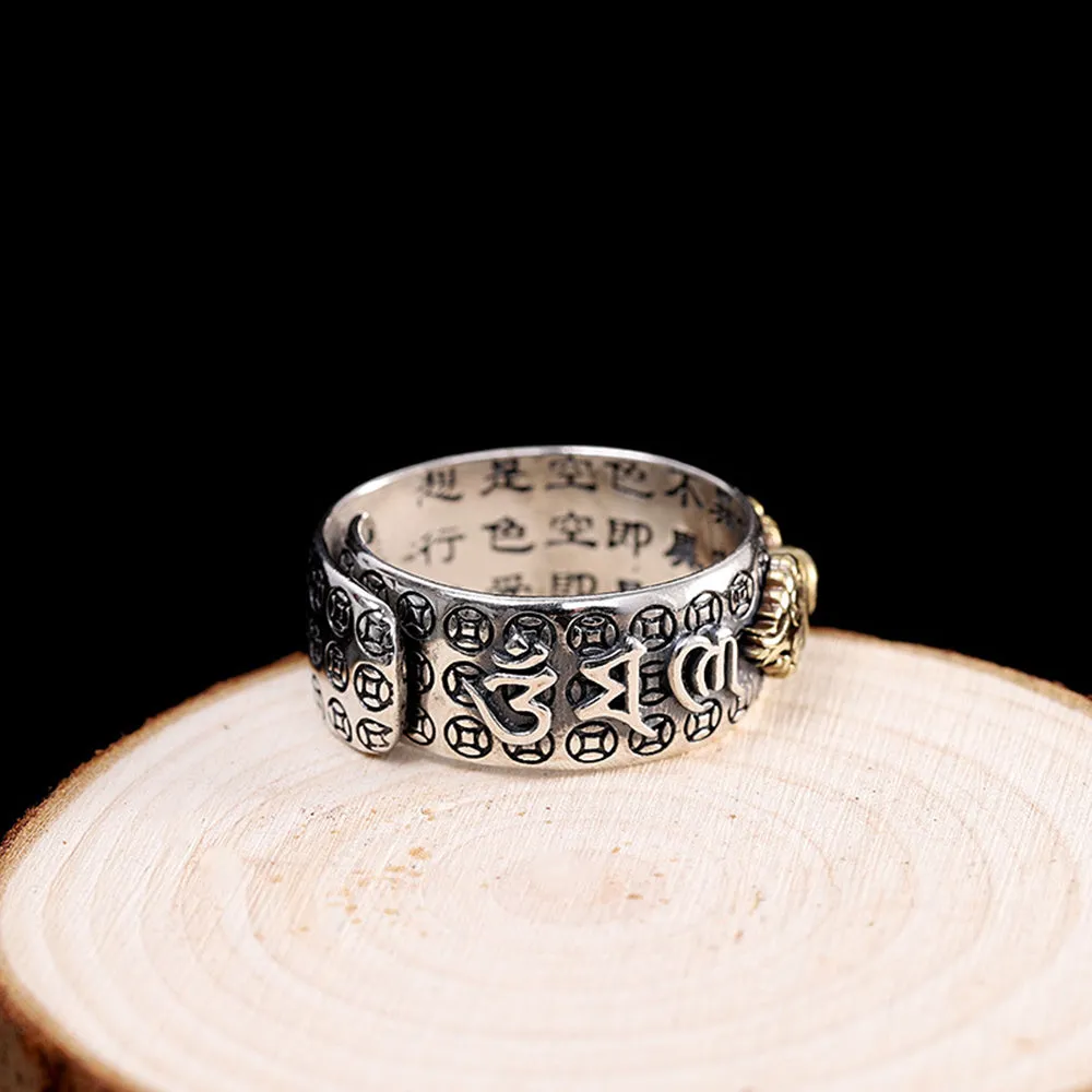 Real Solid 925 Sterling Silver Rings Auspicious Animas Om Mani Padme Hum Religions Fashion Punk Jewelry Open Size Adjustable