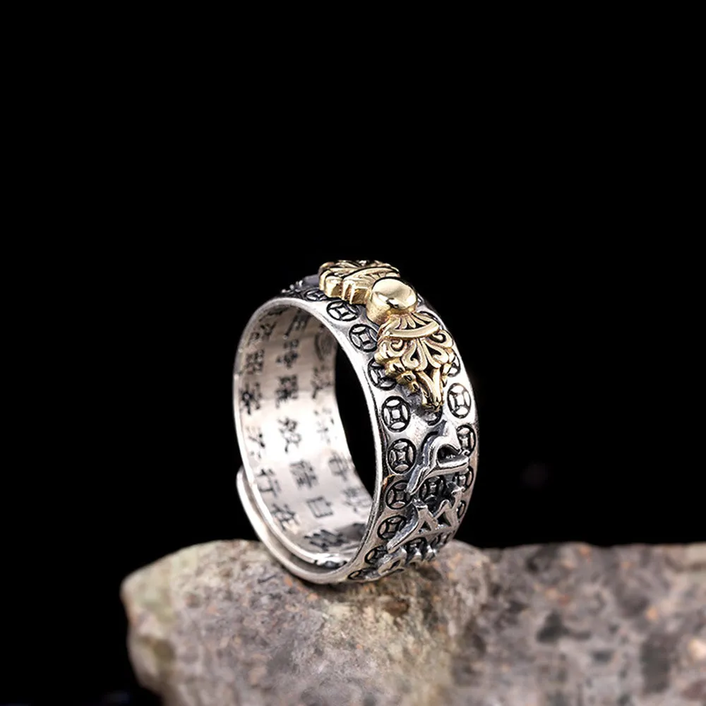 Real Solid 925 Sterling Silver Rings Auspicious Animas Om Mani Padme Hum Religions Fashion Punk Jewelry Open Size Adjustable