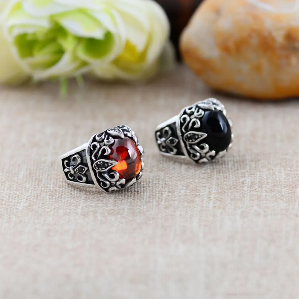 Real Solid 925 Sterling Silver Rings Black Agate & Garnet Crusader Flower Fashion Punk Jewelry Size 8-11