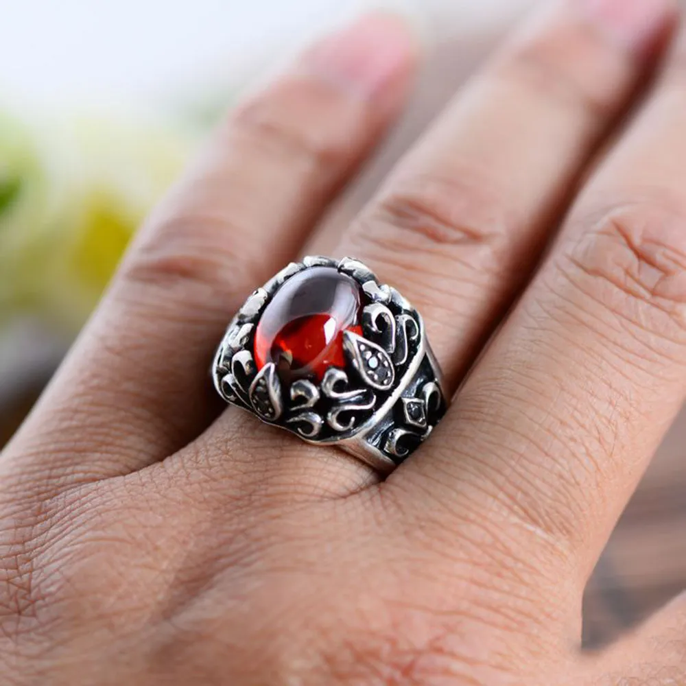 Real Solid 925 Sterling Silver Rings Black Agate & Garnet Crusader Flower Fashion Punk Jewelry Size 8-11