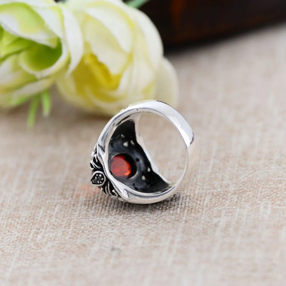 Real Solid 925 Sterling Silver Rings Black Agate & Garnet Crusader Flower Fashion Punk Jewelry Size 8-11