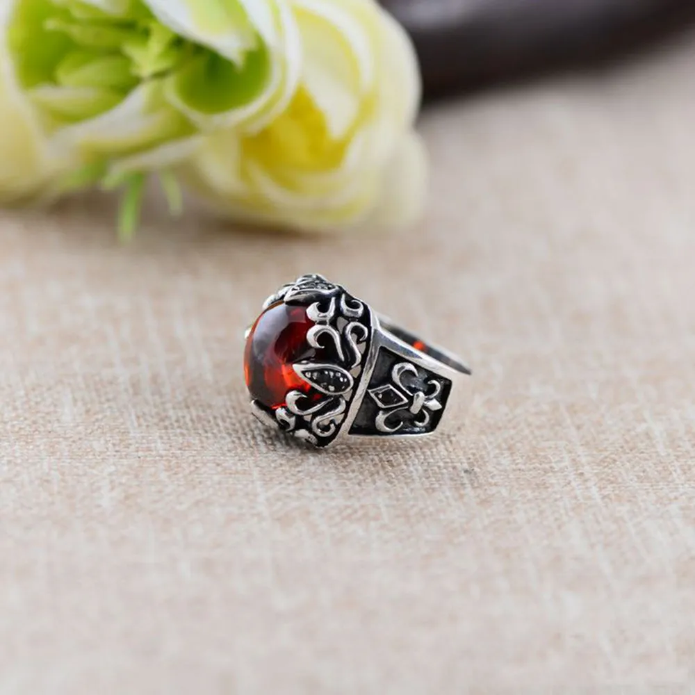Real Solid 925 Sterling Silver Rings Black Agate & Garnet Crusader Flower Fashion Punk Jewelry Size 8-11