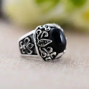 Real Solid 925 Sterling Silver Rings Black Agate & Garnet Crusader Flower Fashion Punk Jewelry Size 8-11