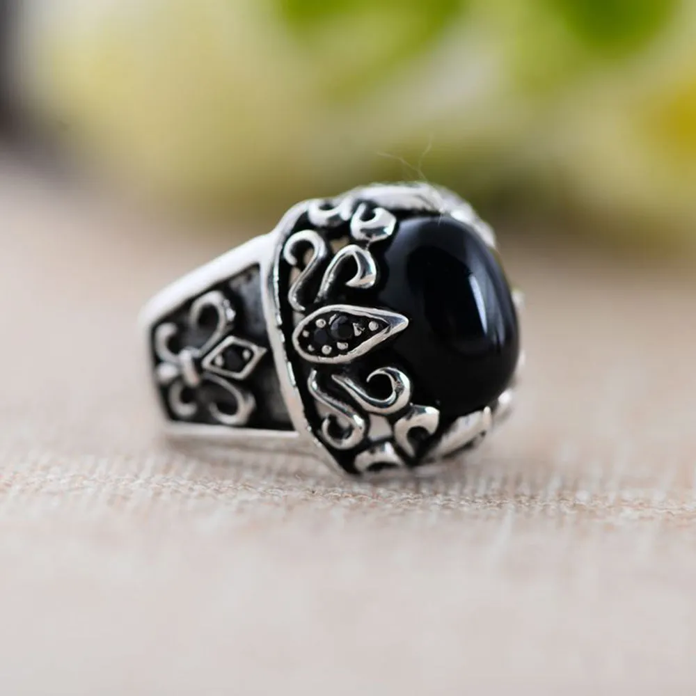Real Solid 925 Sterling Silver Rings Black Agate & Garnet Crusader Flower Fashion Punk Jewelry Size 8-11