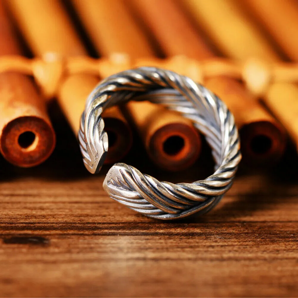 Real Solid 925 Sterling Silver Rings Braided Twisted Fashion Punk Jewelry Open Size 8-11