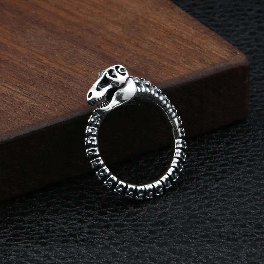Real Solid 925 Sterling Silver Rings Dinosaur Skeletons Skulls Punk Jewelry Open Size 8-10
