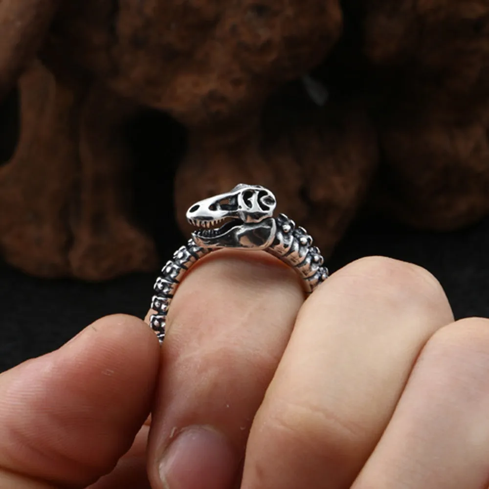 Real Solid 925 Sterling Silver Rings Dinosaur Skeletons Skulls Punk Jewelry Open Size 8-10