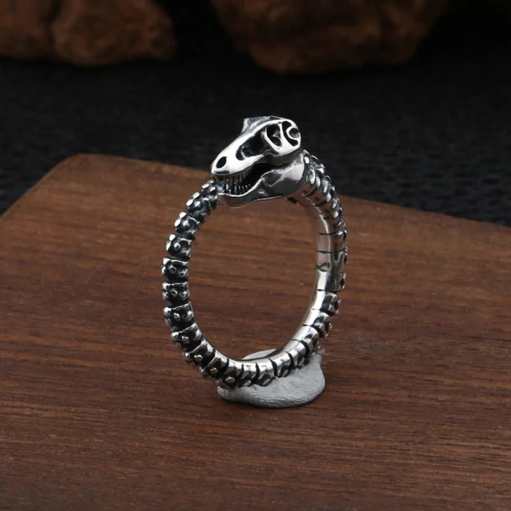 Real Solid 925 Sterling Silver Rings Dinosaur Skeletons Skulls Punk Jewelry Open Size 8-10