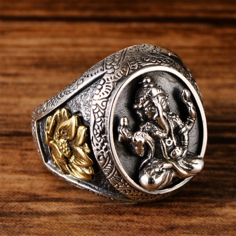 Real Solid 925 Sterling Silver Rings Elephant Ganesha Lotus Fashion Punk Jewelry Size 8-12
