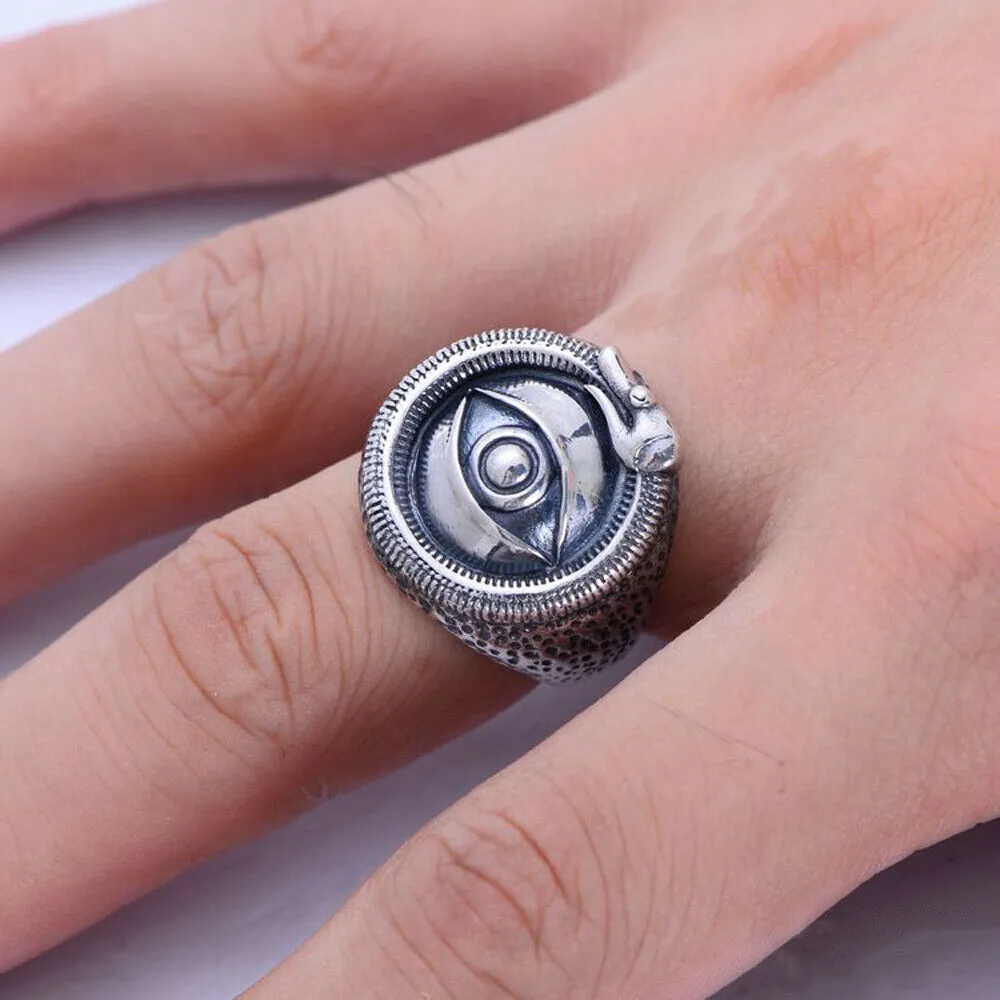 Real Solid 925 Sterling Silver Rings Eye of God Round Fashion Punk Jewelry Size 8-10.5