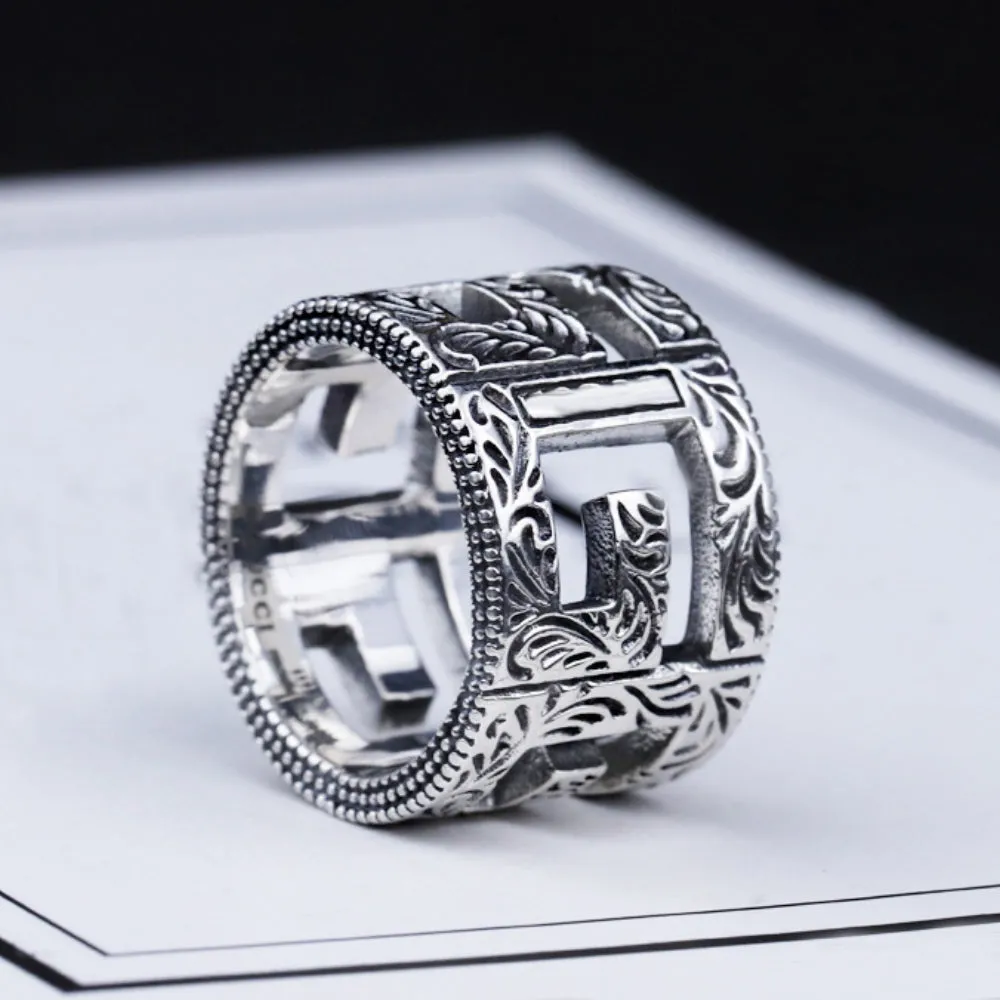 Real Solid 925 Sterling Silver Rings Hollow Letter G Fashion Jewelry Size 7-11