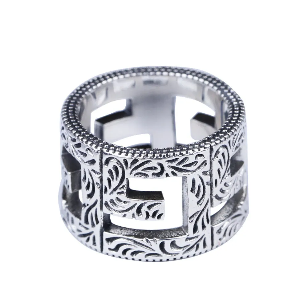 Real Solid 925 Sterling Silver Rings Hollow Letter G Fashion Jewelry Size 7-11