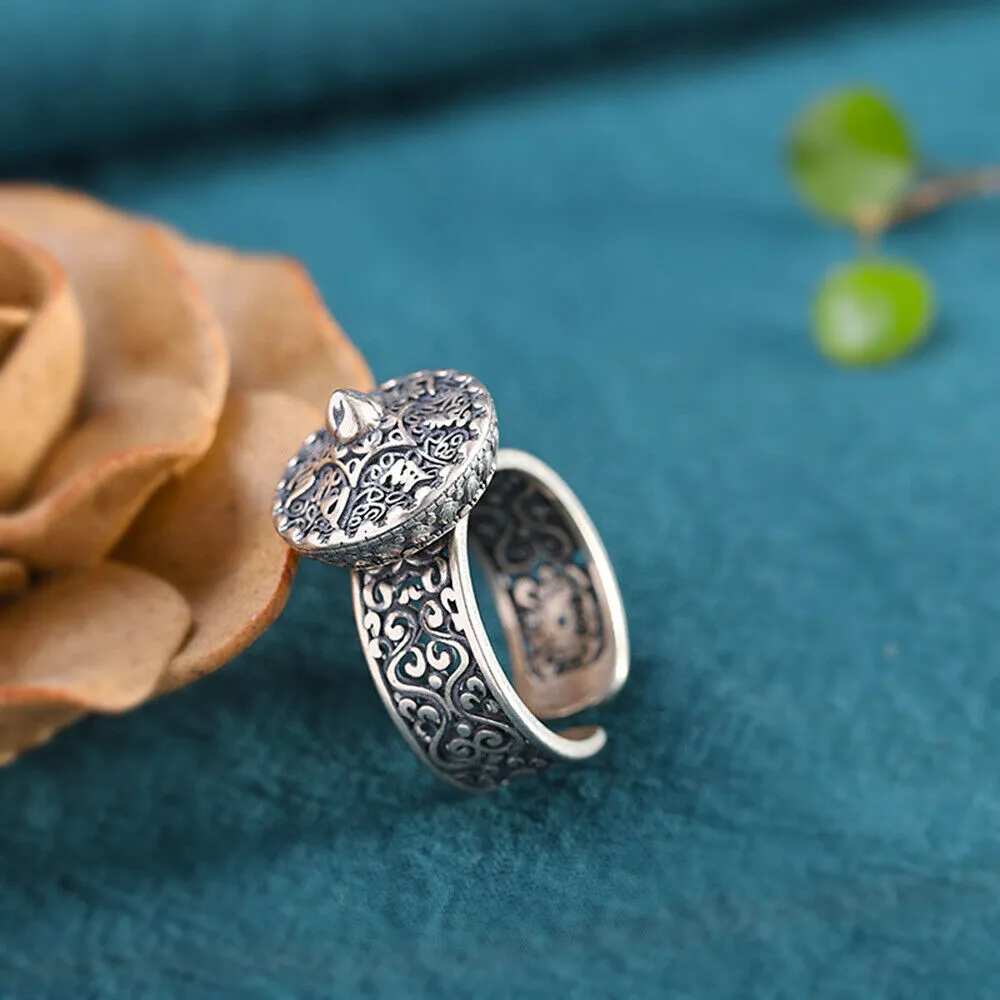 Real Solid 925 Sterling Silver Rings Om Mani Padme Hum Rotation Pierced Religions Fashion Jewelry Open Size Adjustable