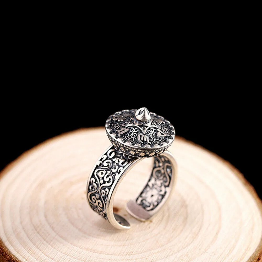 Real Solid 925 Sterling Silver Rings Om Mani Padme Hum Rotation Pierced Religions Fashion Jewelry Open Size Adjustable