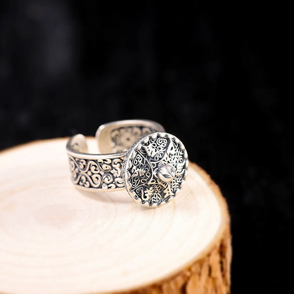 Real Solid 925 Sterling Silver Rings Om Mani Padme Hum Rotation Pierced Religions Fashion Jewelry Open Size Adjustable